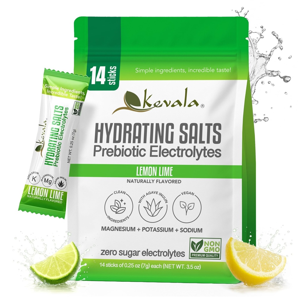 Kevala Electrolytes Lemon Lime Powder Packets | Sugar Free Drink Mix Packets with Prebiotics, Potassium & Salt Electrolytes | Keto Hydration Packets | Rehydration Support | 1 Pack (14 Sticks)