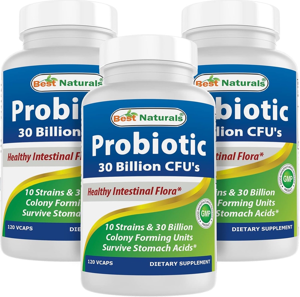 Bedste Naturals Probiotiske 10 Strops 30 Millioner Hylde Stabil 120 Veggie Caps (120 Greve (pakke med 3))