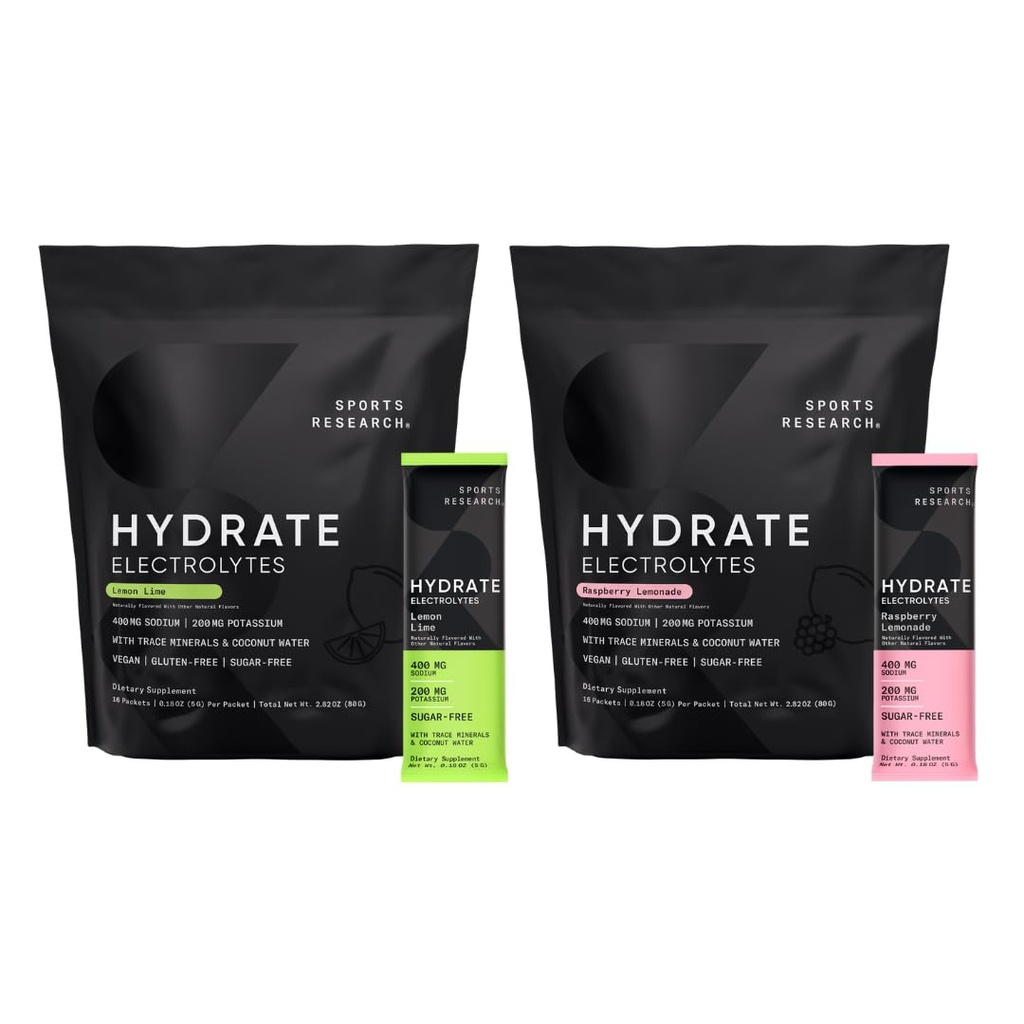 Sports Research Hydrate Electrolytes Dynamic Duo - Sugar-Free & Naturally Flavored with Vitamins, Minerals, and Coconut Water - 32 Hydration Packets of Lemon Lime & Raspberry Lemonade