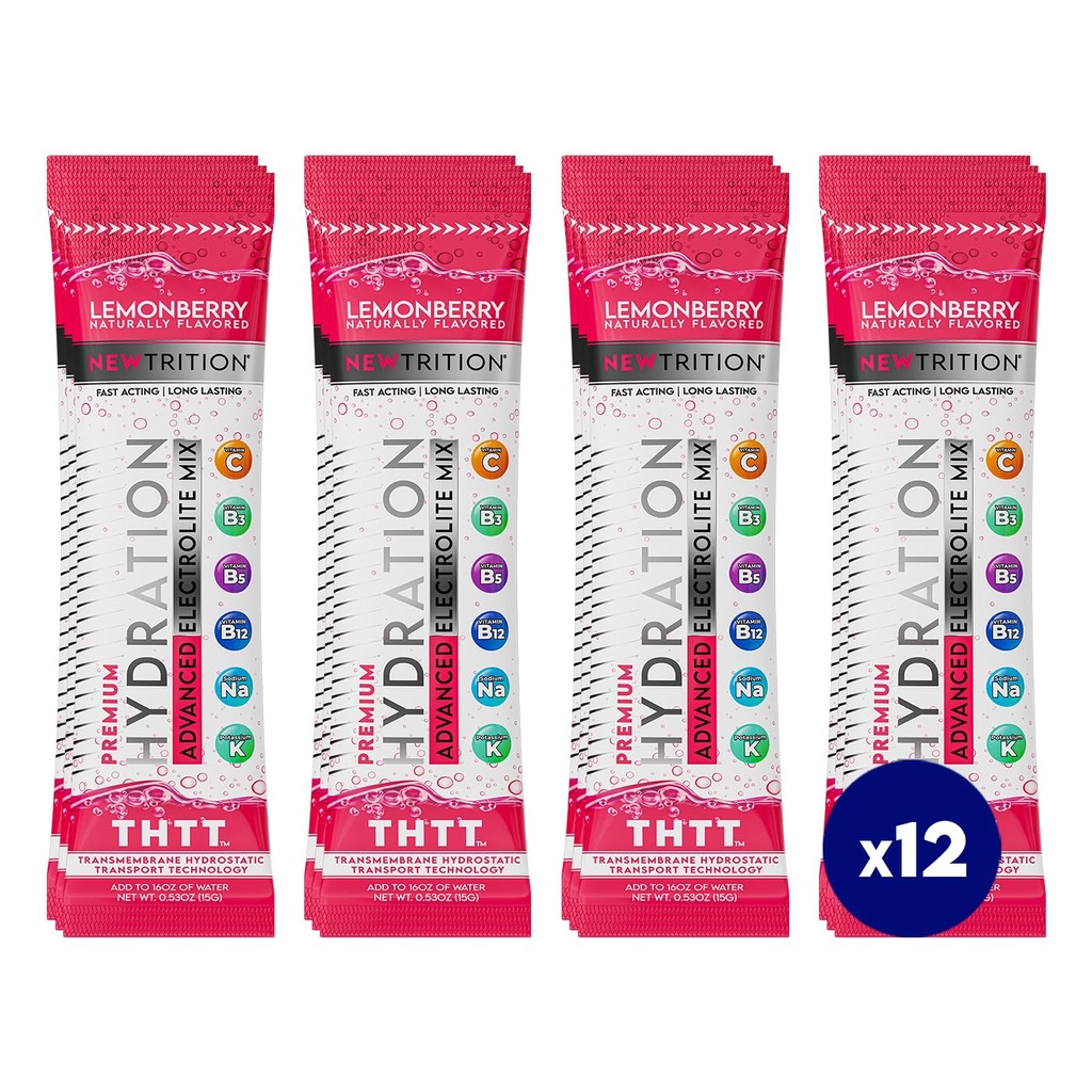 Hydration Powder, Electrolyte Powder Packets, Naturally Flavored Hydrating Packets for Water, Fast Acting Hydrate Electrolytes with Vitamins B&C, Energy & Recovery, LemonBerry, Pack of 12