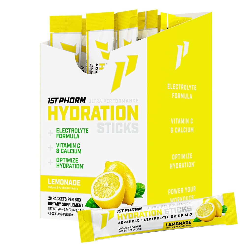 1st Phorm Hydration Sticks, Lemonade Flavor, Electrolyte Powder Drink Mix with Vitamin D and Calcium, Sugar Free On the Go Travel Packets, Daily Electrolytes and Workout Support, 20 Count
