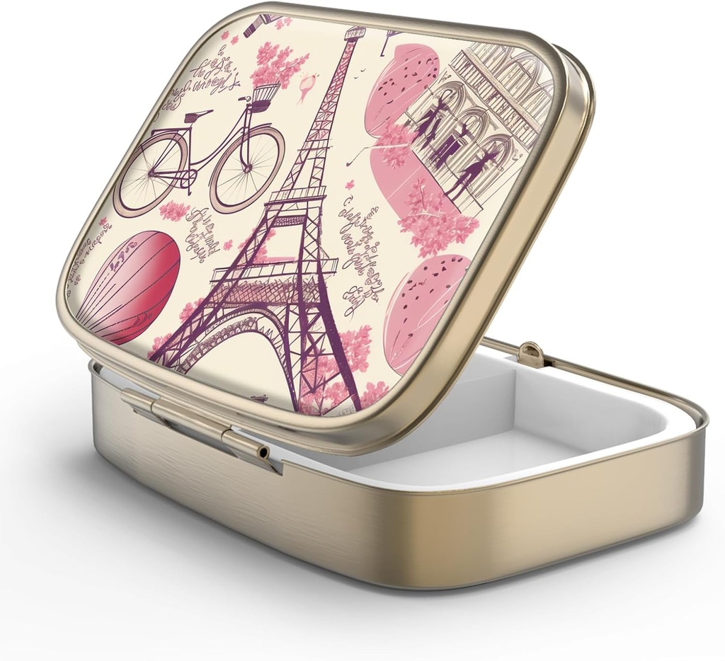 Pill Case Pill Box med spejl Retro 2 Segment Lille Pill Case til purse eller Pocket Bronze Rektangulær Pill Box eller Vitaminer, Fish Oil, Kosttilskud, Pill Containe Travel Gifts Paris Eiffeltårnet