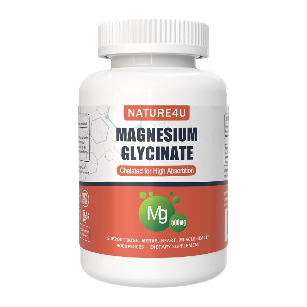 Magnesium Glycinat 500 mg, 100% chelat til høj absorption Magnesiumtilskud til søvn, muskel, hjerte, aldrig og ben Support, 90 kapsler