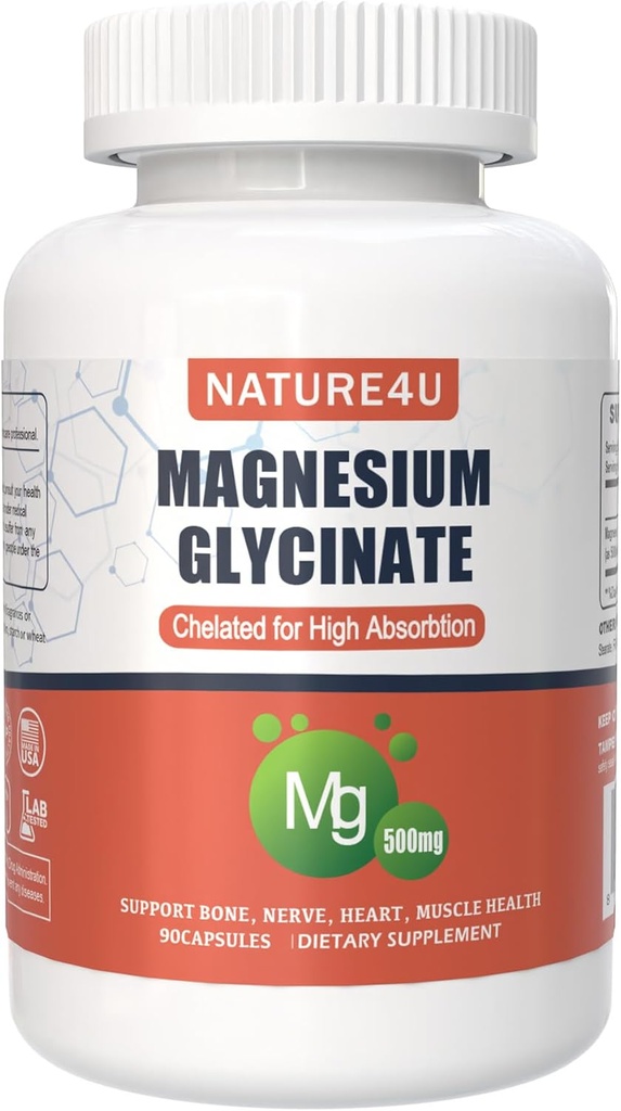 Magnesium Glycinat 500 mg, 100% chelat til høj absorption Magnesiumtilskud til søvn, muskel, hjerte, aldrig og ben Support, 90 kapsler