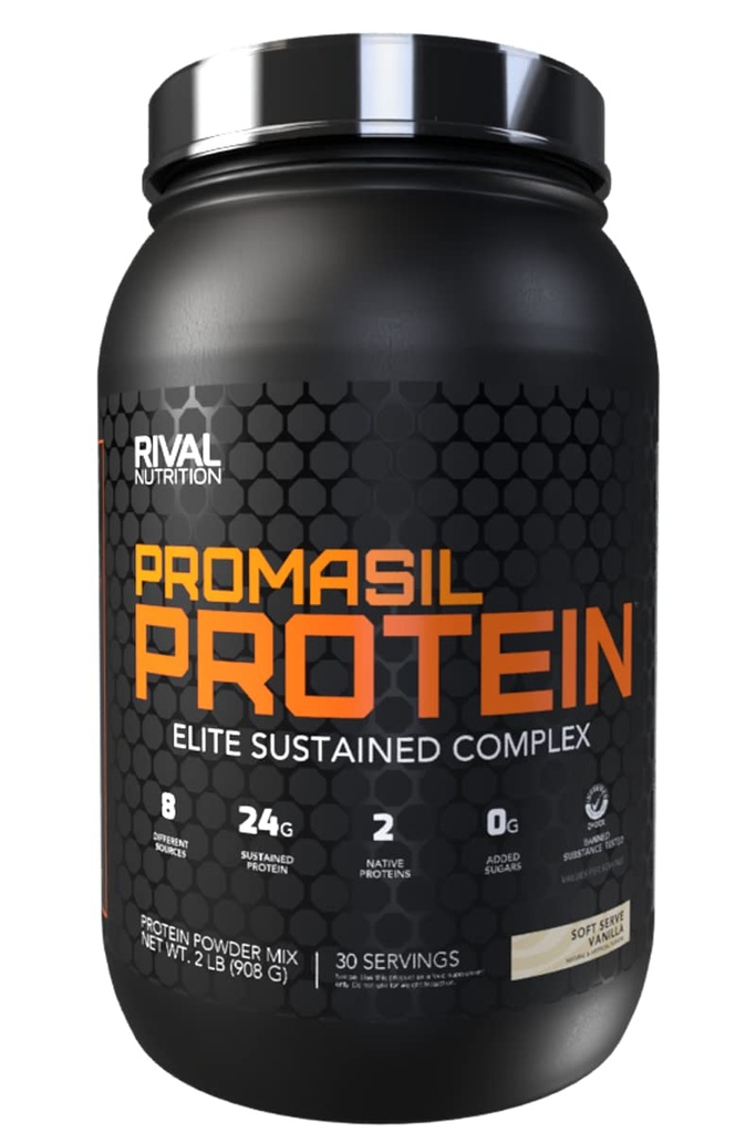 RIVAL NUTRITION Promasil Protein Powder I 8 Different Sources Including Whey Isolate, Native Micellar Casein, and Egg White I 24g Sustained Protein Per Serving (2lb, Soft Serve Vanilla)
