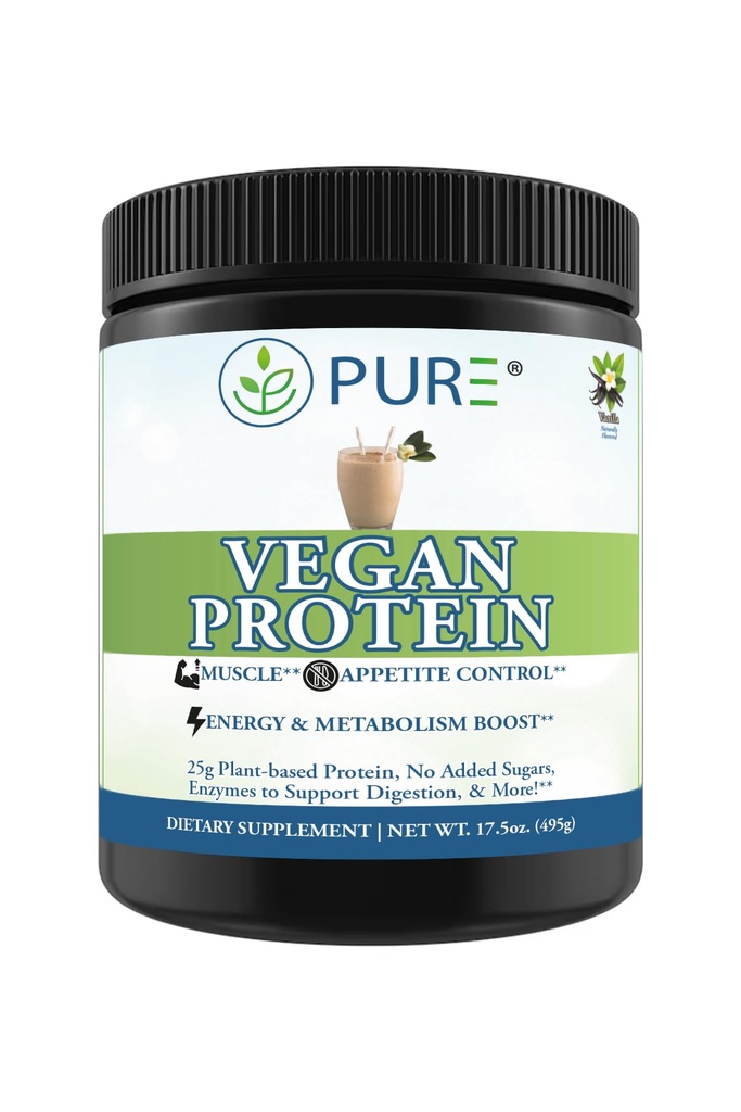 PURE® Vegan Protein Powder - 25g Plant Based Protein, 15 Servings - Pea & Mung Bean Blend with Digestive Enzymes - Dairy-Free - Muscle Recovery & Appetite Control - Vanilla 495 Grams