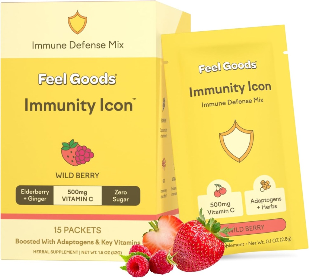 Feel Goods Immunity Icon, Zero Sugar, Vitamin C, A, B, D, E & Zinc, Organic Elderberry, Ashwagandha, Drink Mix Powder, Vegan, Non GMO, Caffeine & Gluten Free | Wild Berry, 15 Count