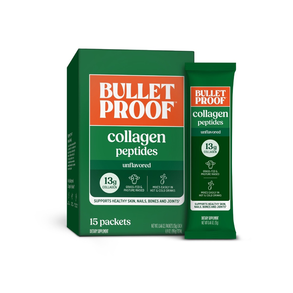 Bulletproof Unflavored Collagen Peptider Powder Packets, Pack of 15, Grass- Fed Collagen Protein og Aminosyrer til hud, ben og fælles støtte, Pasture Raised, Ingen Tilføjet Hormon