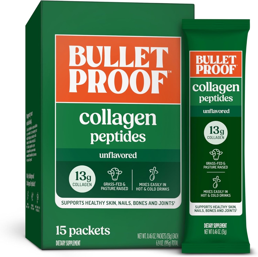 Bulletproof Unflavored Collagen Peptider Powder Packets, Pack of 15, Grass- Fed Collagen Protein og Aminosyrer til hud, ben og fælles støtte, Pasture Raised, Ingen Tilføjet Hormon