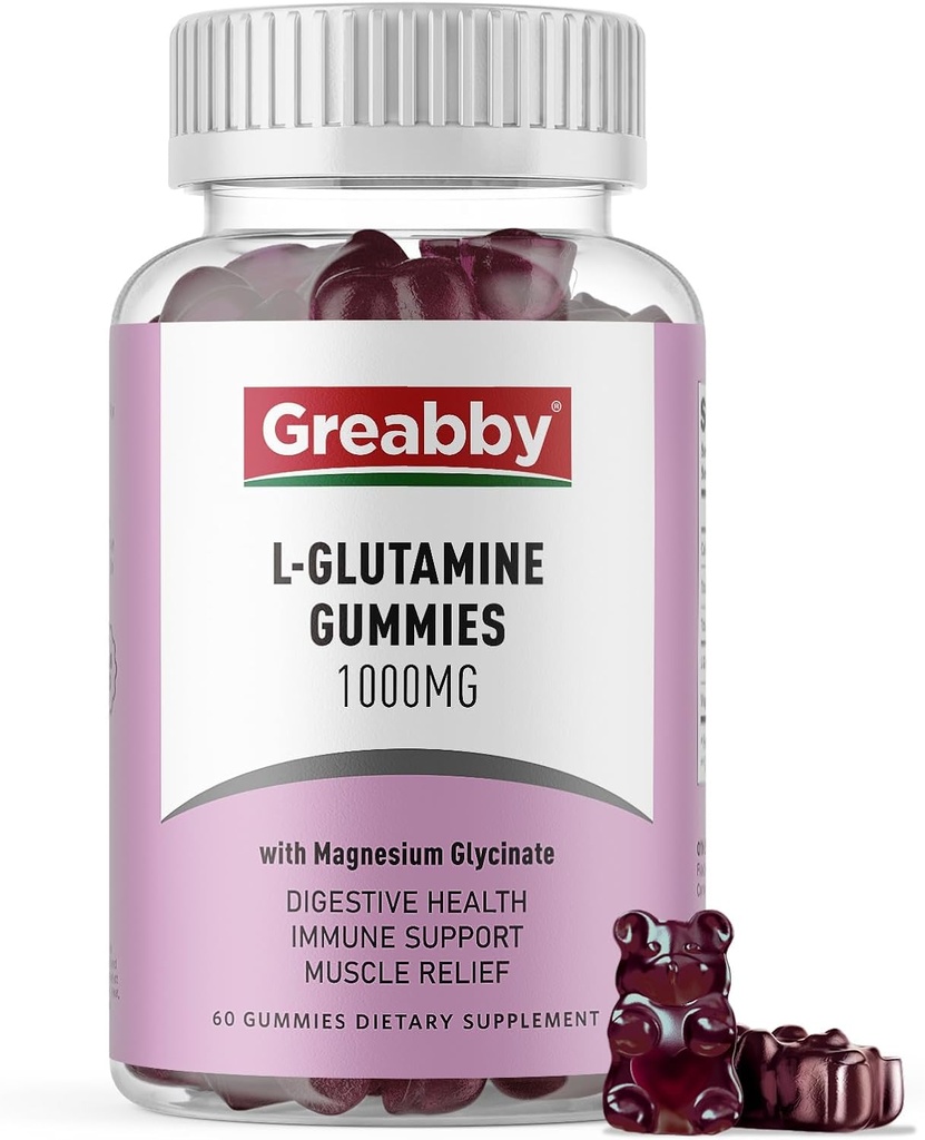 L Glutamin 1000mg Gummies - Muskel Relief & immunforsvar, Aminosyretilskud med Magnesium Glycinat, Vegan & Non- GMO, Gluten Free (60 Tæl)