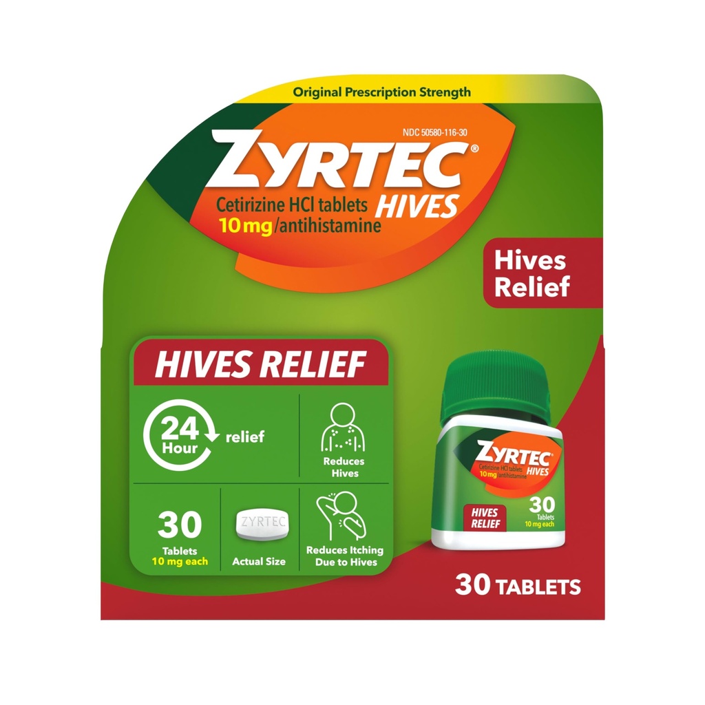 Zyrtec 24 timers Hives Relief tabletter, 10 mg Cetirizin HCl tabletter til at hjælpe med at reducere Hives & Reducere kløen på grund af Hives, Antihistamin tabletter til Itch Relief & Behandling af urticaria, 30 ng