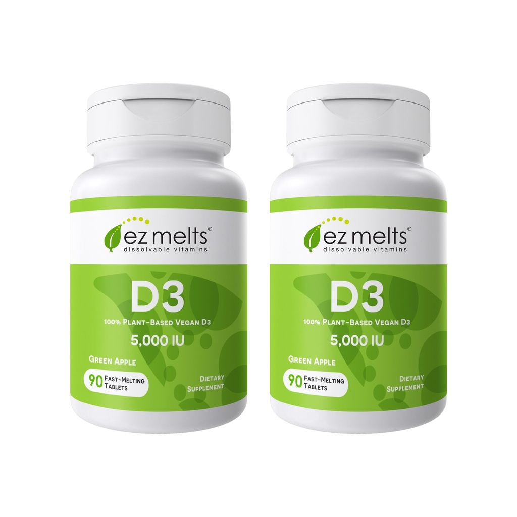 EZ Melts Dissolvable Vitamin D3 5,000 IU - Vegan Vitamin D Supplement for Bone & Teeth Support - No Artificial Flavors - Plant-Based & Non-GMO - Green Apple - 180 Dissolvable Tablets (180 Servings)