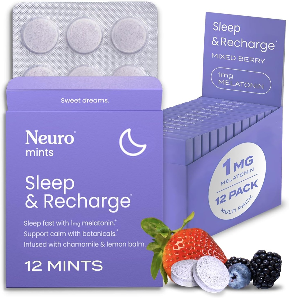 NeuroGum Melatonin 1 mg søvn & recharge mints (144 stykker) - hurtig opløsning melatonin sukker gratis mints med Lemon Balm & kamille for bedre søvn - rolig søvn supplement - blandet berry flavor