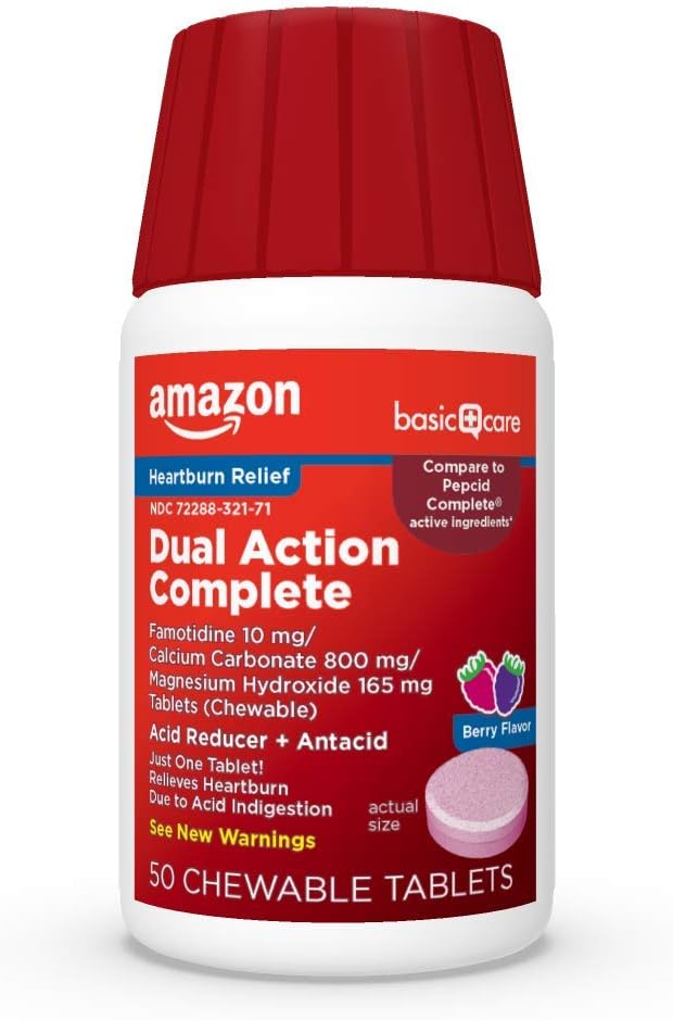 Basic Care Dual Action Complete, Chewable Acid Reducer Plus Antacida Tablets, Berry Flavor, Heartburn Medicine, Syre fordøjelsesbesvær Relief, 50 Greve