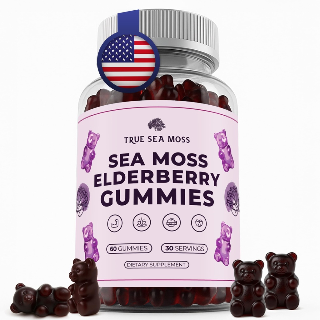 TrueSeaMoss Sea Moss Gummies med Elderberry, Burdock Root & Bladderwrack - Vegan, non-GMO formel for voksne & børn - 1200mg per servering, Fruity Flavor, Lavet i USA - 60 Gummies