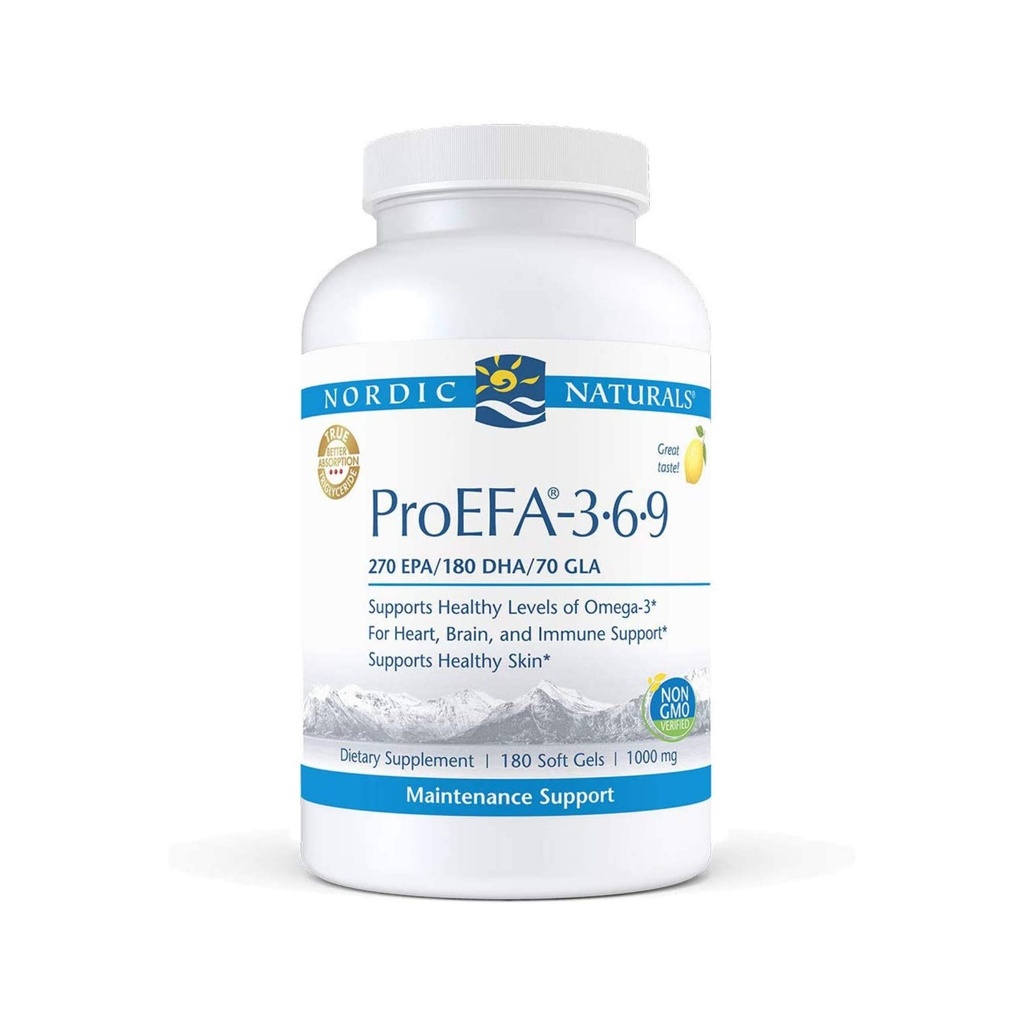 Nordic Naturals ProEFA 3-6-9, Lemon Flavor - 180 Soft Gels - 565 mg Omega-3 - EPA & DHA med tilsat GLA - Sund hud, kognition, & positiv mood - non-GMO - 90 Serveringer