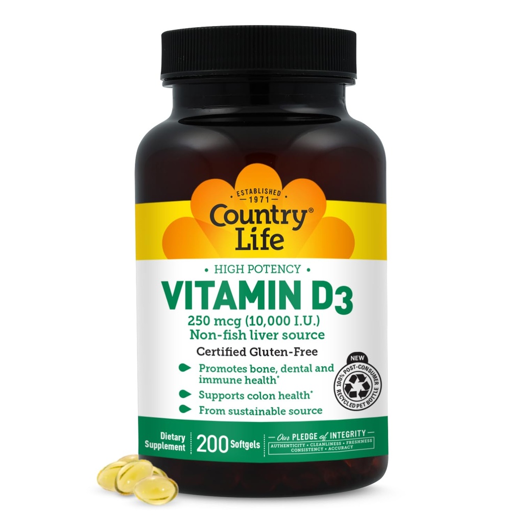 Country Life Vitamin D3 10,000 IU – High Potency Non-Fish Source – Bone & Immune Support – Certified Gluten-Free – 200 Softgels