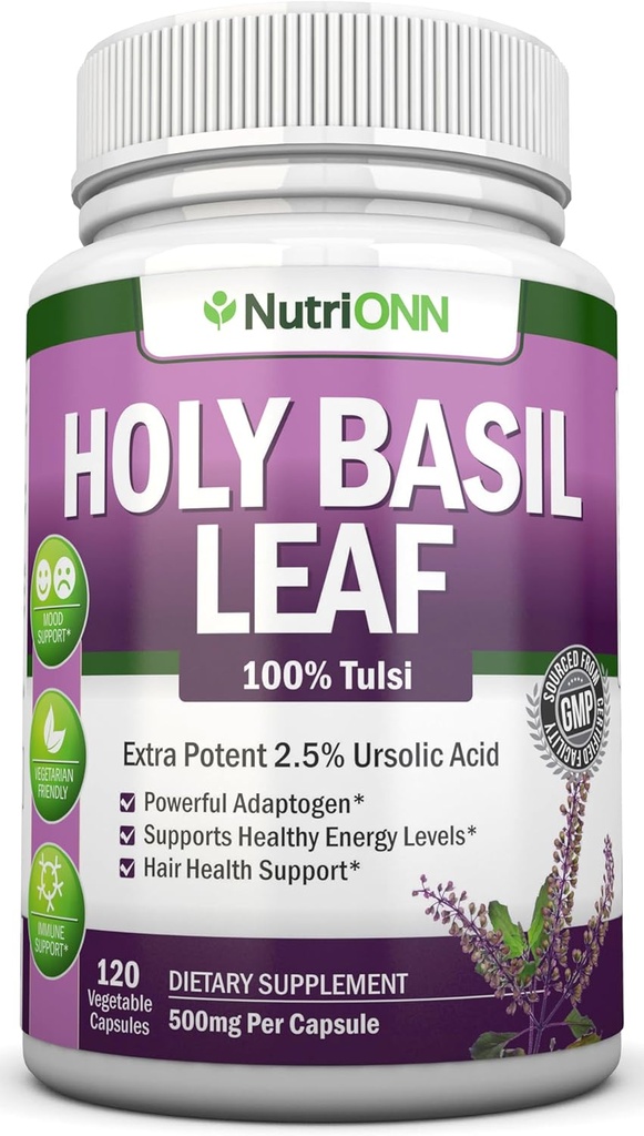 Holy Basil Leaf Kapsler - 500mg - 2,5% Ursoloc Acid - 120 Vegan Kapsler - Real Tulsi Extract Supplement - Positive Mindset - Adaptogen & Ayurvedic Herb