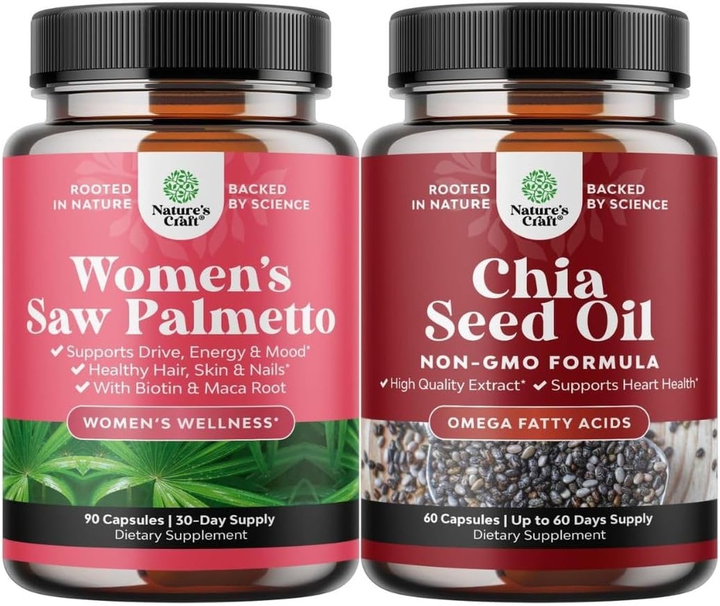 Bundle of ekstra styrke Saw Palmetto for kvinder og Chia Seed Oil Uddrag kapsler - Stærkere Thicker hurtigere hårvækst vitaminer - Plant baseret Omega 3 6 9 Supplement og daglige fibre kapsler