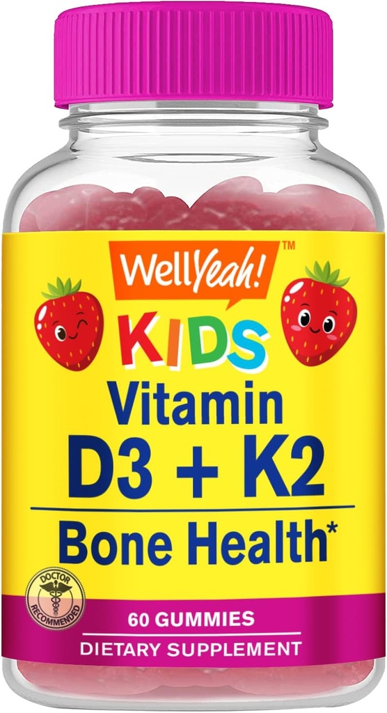 WellYe Vitamin D3 + K2 til børn Gummies - Vitamin D3 1000 IE, K2 100 MCG - Ben og Muscle Health Support, Natural Flavors, GMO Free, Gluten Free, Vegan - K2 D3 Vitamin Supplement- 60 Gummies