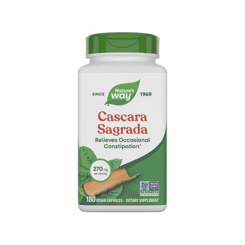 Nature 's Way Cascara Sagrada Bark, Lejlighedsvis Forstoppelse Relief For voksne og børn alder 12 +, Understøtter regelmæssighed *, Non- GMO projekt Verified, 270 mg per servering, 180 kapsler (Packaging May Vary)