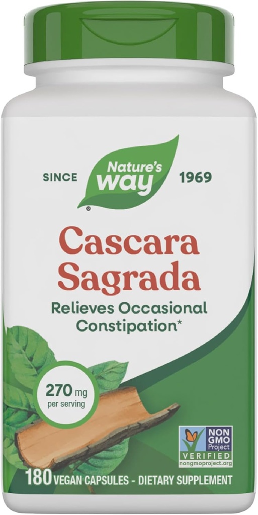 Nature 's Way Cascara Sagrada Bark, Lejlighedsvis Forstoppelse Relief For voksne og børn alder 12 +, Understøtter regelmæssighed *, Non- GMO projekt Verified, 270 mg per servering, 180 kapsler (Packaging May Vary)
