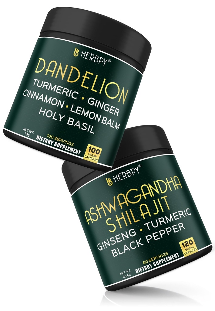 Herbpy Bundle 6in1 Dandelion Root Supplement 750mg/serving (100 Count 100 Servings) & 5in1 Ashwagandha Supplements 1010mg/serving (120 Count 60 Servings)