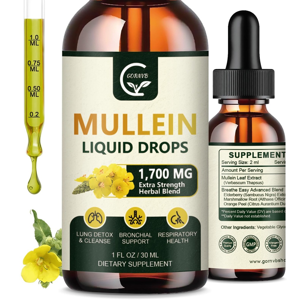 (2 Pack) Mullein Drops til Lungs - Lungs Cleanse and Respiratory Support, Kraftfuld 4 i 1 Mullein Leaf Extract med Elderberry, Marshmallow Root og Orange Peel til Bronchial Support, 1 Fl Oz
