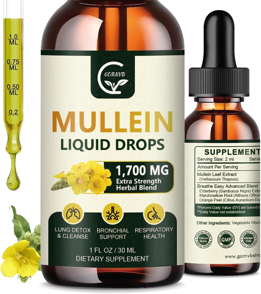 (2 Pack) Mullein Drops til Lungs - Lungs Cleanse and Respiratory Support, Kraftfuld 4 i 1 Mullein Leaf Extract med Elderberry, Marshmallow Root og Orange Peel til Bronchial Support, 1 Fl Oz