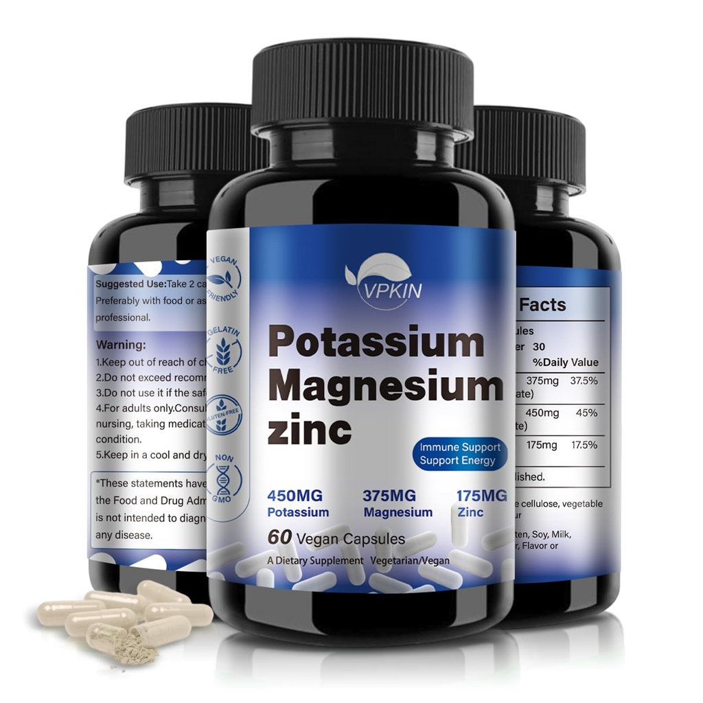 Kalium Magnesium Supplement 1000mg, Magnesium Kalium Zink til lg kramper, høj absorption Magnesiumkompleks, Vegan (60 kapsler)