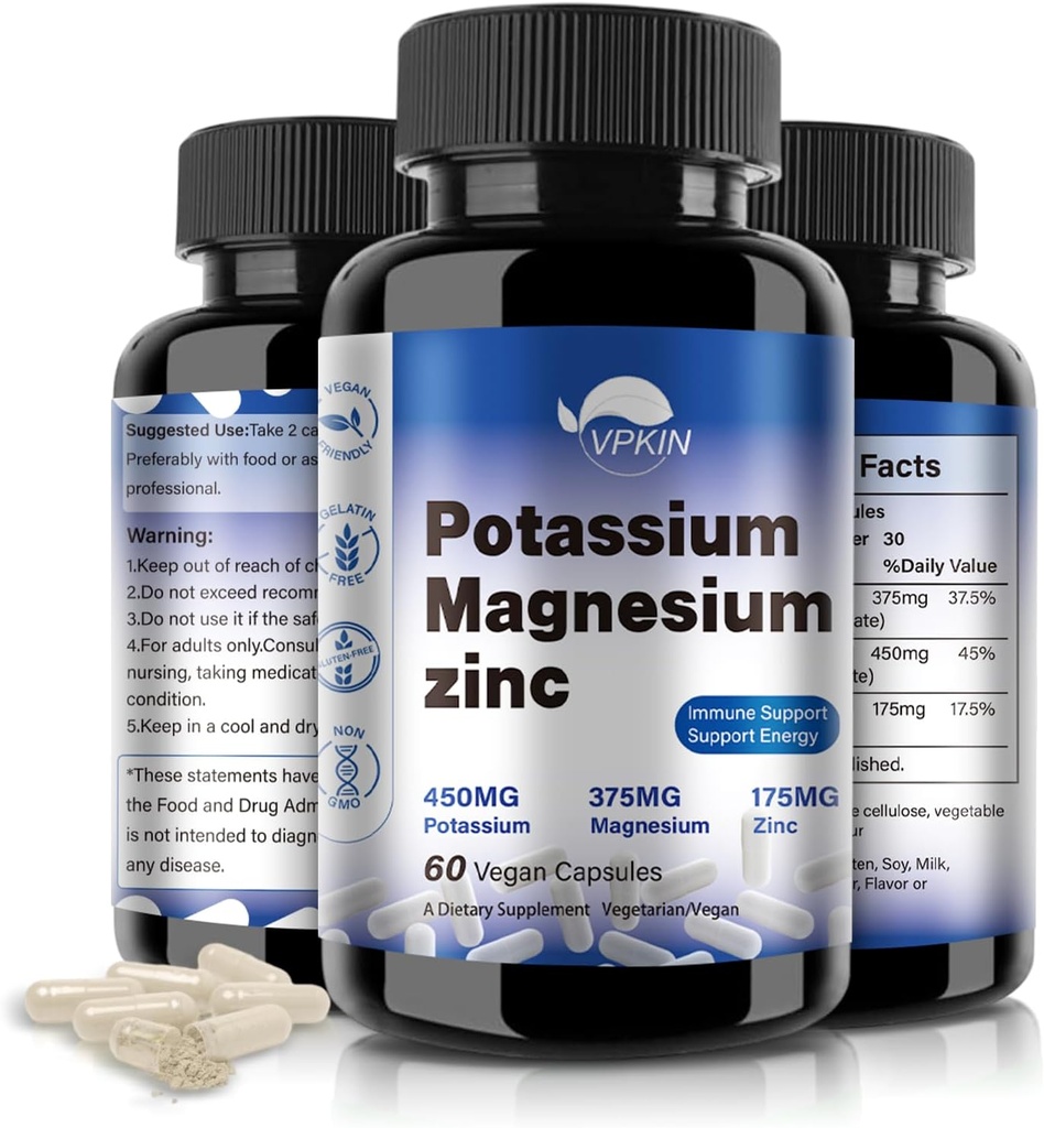 Kalium Magnesium Supplement 1000mg, Magnesium Kalium Zink til lg kramper, høj absorption Magnesiumkompleks, Vegan (60 kapsler)