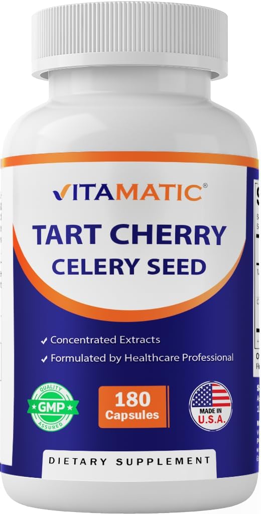 Vitamatic Tart Cherry 20X Extract med Selleri Seed 10X Koncentreret Ekstrakter - - 180 Veg Kapsler - Vegetarisk, ikke-GMO, og Gluten Free