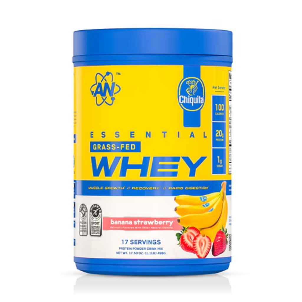 an Supps Essential Grass Fed Whey Protein Powder | 20g Protein, 500mg Potassium, 1g Sugar | Recovery, Muscle Growth, Rapid Digestion | Gluten Free | 17 Servings | Chiquita Banana Strawberry