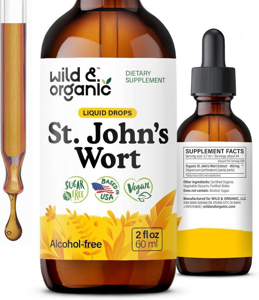 Wild & Organic St Johns Wort Tinktur - Mood Support - Afslappende St. John 's Wort Supplement - Flydende Hypericum Perforatum Herb Drops - Vegan, Sukker & Alkohol- Free - 2 fl oz