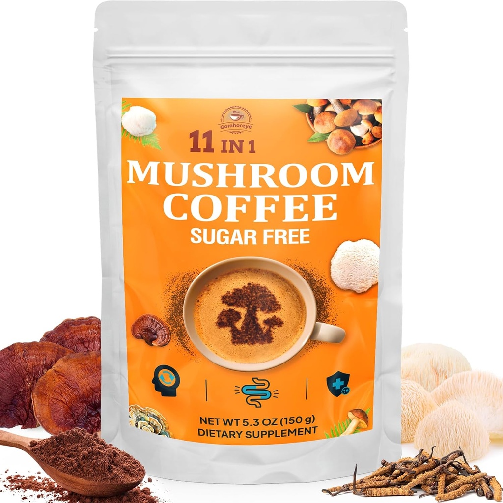 Mushroom Kaffe Økologisk med 11 Superfood Mushrooms, Inkluderer Lions Mane, Reishi, Chaga, Cordyceps og Adaptogens, Mushroom Supplement for Energi, Fokus, Hukommelse og Immunitet - 5.3oz