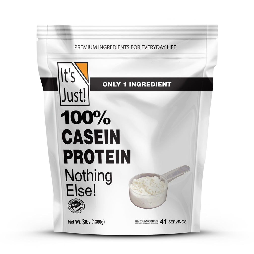 It's Just! - 100% Casein Protein Powder, Made in USA, One Ingredient, Slow Burning, Time Release, 6.9g BCAAs, 1g Carb, Non-GMO (Unflavored, 3lbs/48oz)