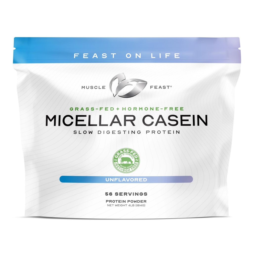 Muscle Feast Grass Fed Micellar Casein Protein Powder, Pasture Raised & Hormone Free, Slow Digesting Casein Protein - Supports Overnight Muscle Recovery, Gluten Free Protein Powder - Unflavored, 4lb