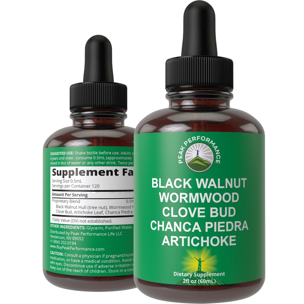 Wormwood Black Walnut Clove Cleanse for mennesker. Elimination Detox + Intestinal Support flydende tinktur supplement til voksne og børn. Med Artichoke og Chanca Piedra for yderligere fordele