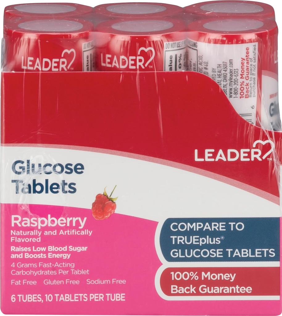 Leader Glucose Tablets Raspberry 6 Tubes, 10 Tablets Per Tube Pack Of 1