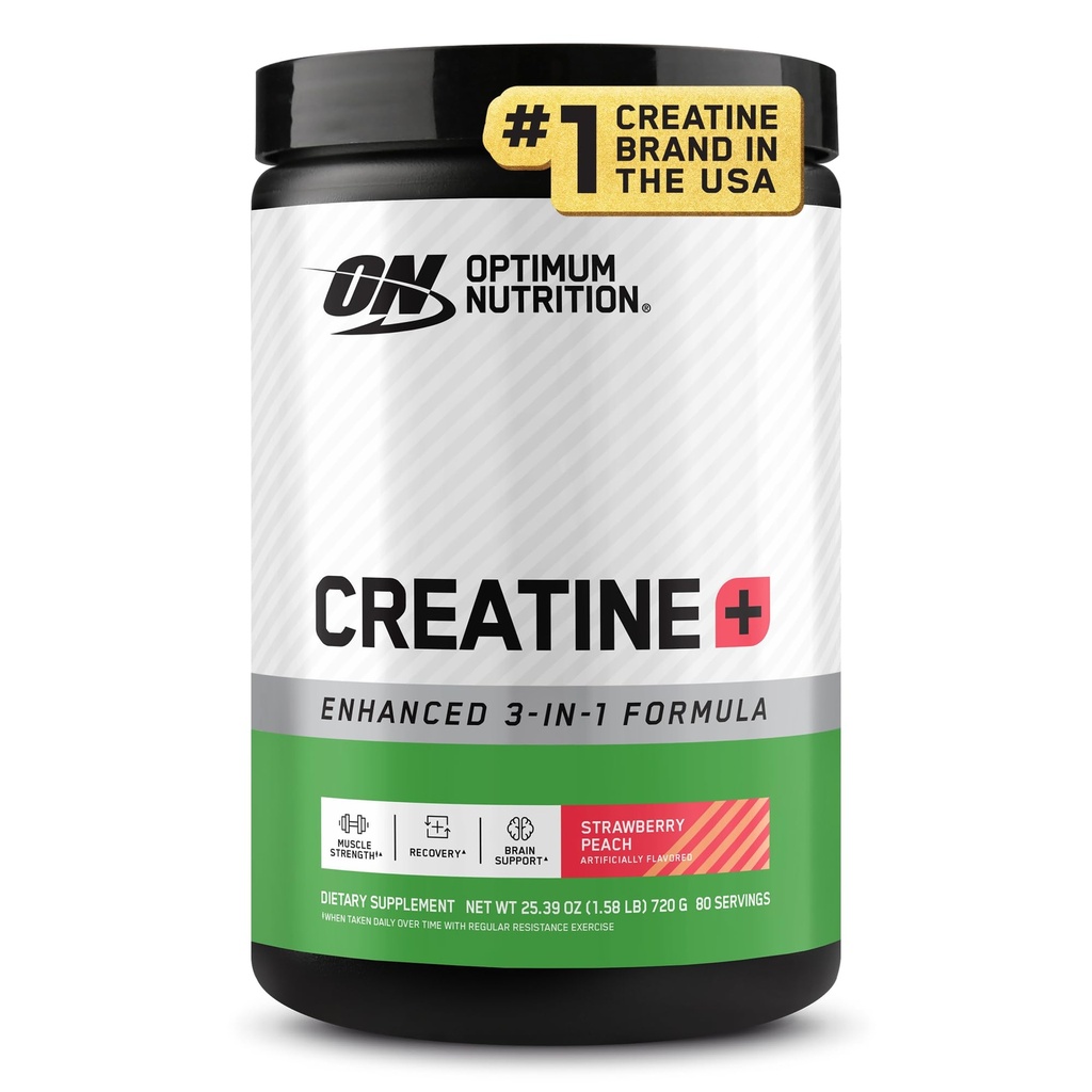 Optimum Nutrition Creatine Monohydrate Plus Powder, Strawberry Peach Flavored Creatine Performance Blend, with Electrolytes for Hydration, Added Vitamins, 80 Servings, 720 Grams (Packaging May Vary)