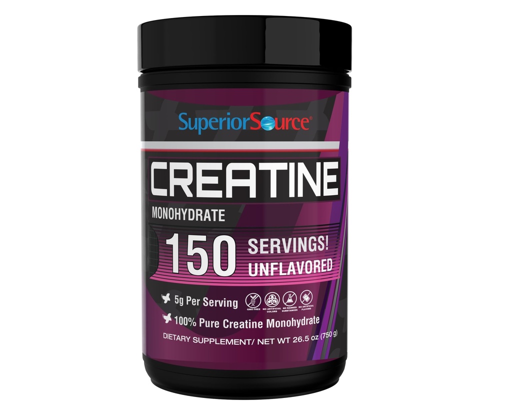Superior Source Creatine Monohydrate, 750G, 5000mg Per Serv (5g) - 150 Servings, 26.5 oz, Muscle Growth, Enhanced Strength, Supports Post-Workout Recovery, Ideal for High-Intensity Training, Non-GMO