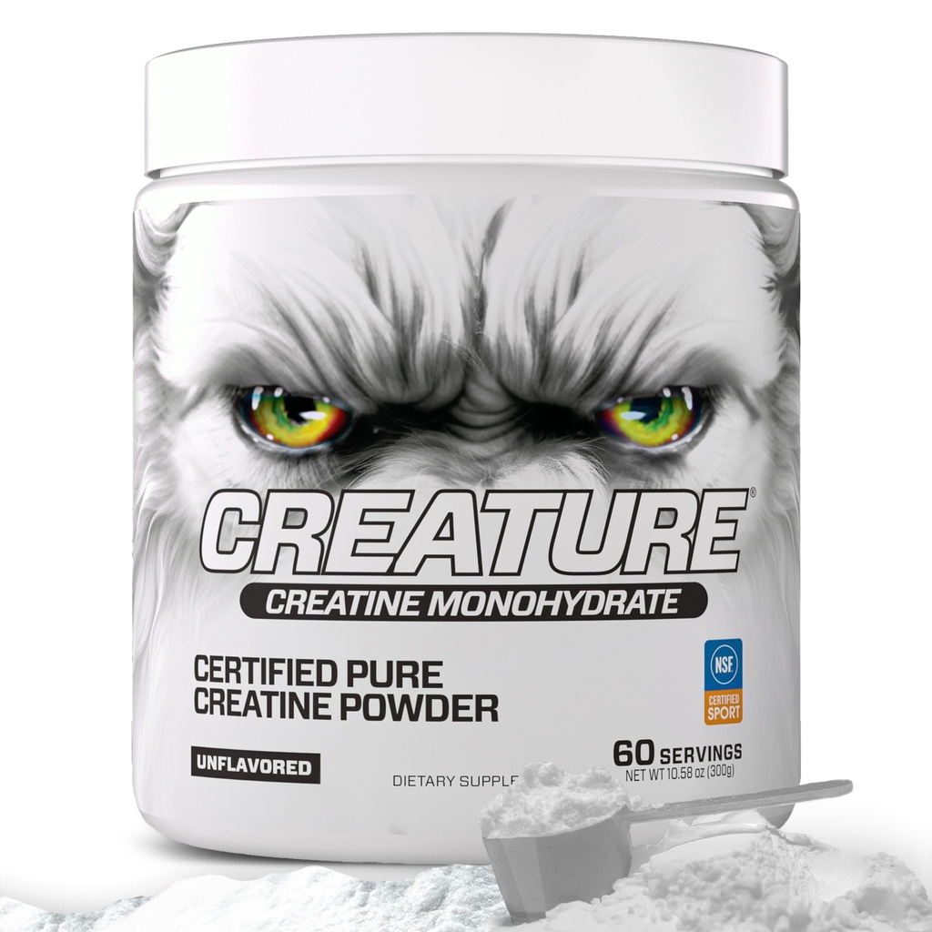 CREATURE® Creatine Monohydrate – NSF Certified for Sport®, Tested for 288+ Banned Substances– Pure Micronized Powder for Muscle, Strength, Recovery & Brain Support – Unflavored, 300G, 60 Servings