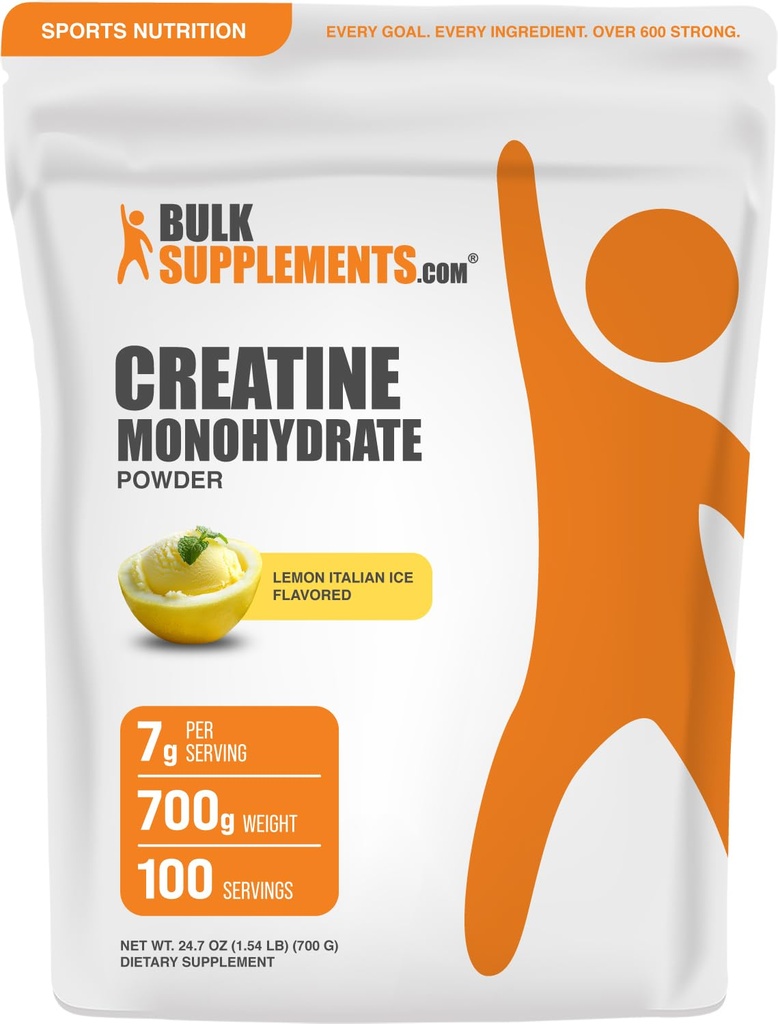 BulkSupplements.com Creatine Monohydrate Powder - Creatine Flavored Powder Supplement, Micronized - Lemon Italian Ice Flavor, 7g per Serving, 700g (1.5 lbs) (Pack of 1)