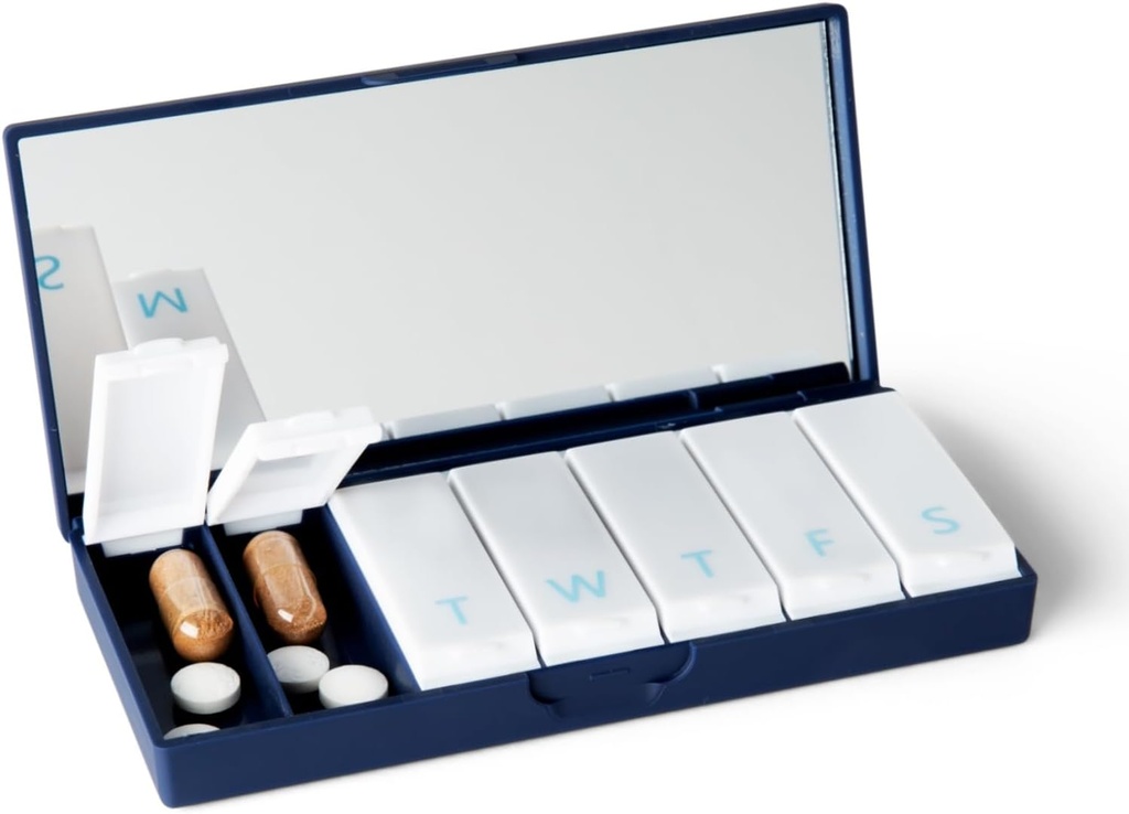 PORT X POLISH Designer Weekly Pill Box Organizer (Single 1X Daily, Navy) Medical 124; Compact, Stilfuld 7-Day Vitamin supplement sag stålet 124; Cute Portable Mini Travel Medicine Carrier Medicine Carrior 124; BPA- Free Pillbox Caddy