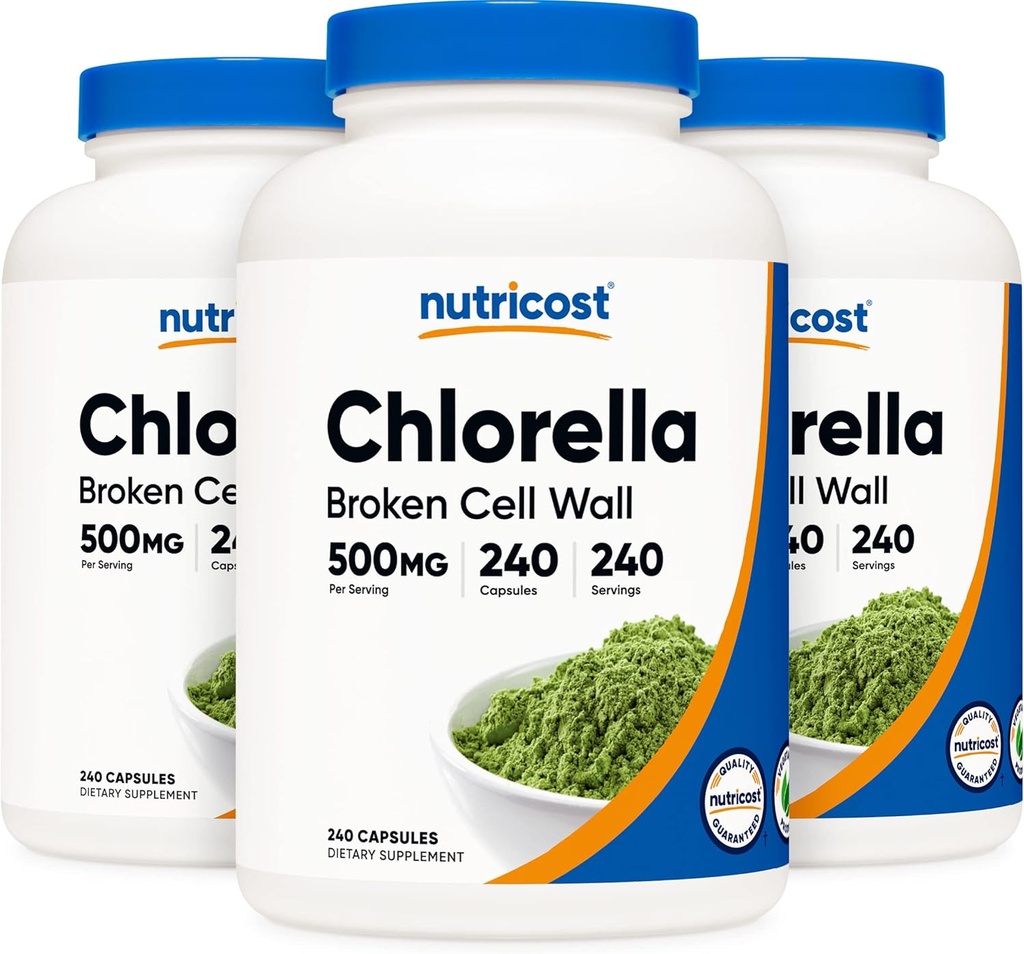 Nutricost Chlorella kapsler (3 flasker) 500 mg, 240 kapsler