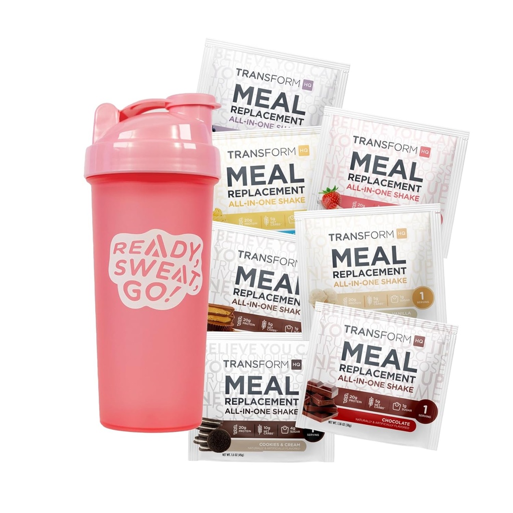 TransformHQ Meal Erstatning Shake Variety Box med Pink Shaker, 7 Single-Serving Shake Packs