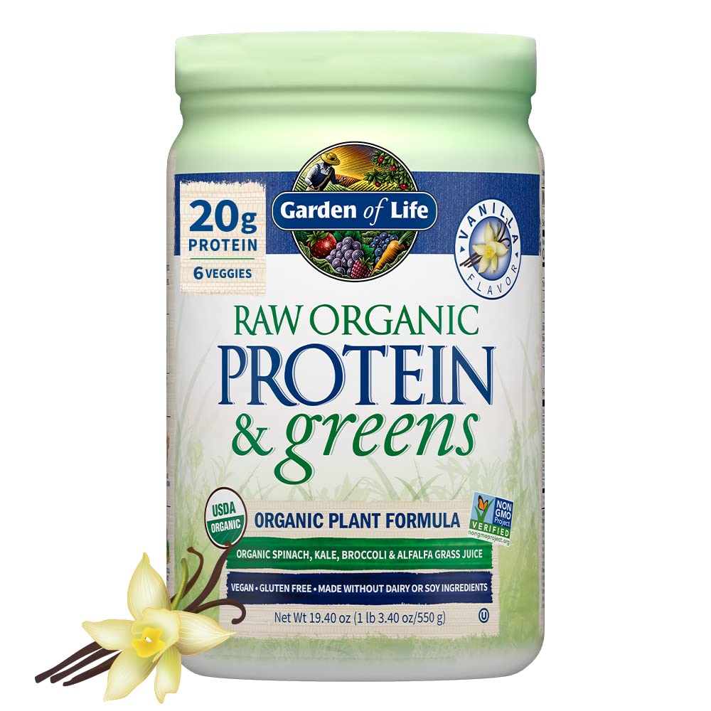 Garden of Life Raw Protein & Greens Vanilla Protein Powder – 20g Plant Based Greens Powder, Probiotics & Enzymes, Post-Workout Recovery, Vegan, Gluten-Free, Non-GMO, 20 Servings, (Pack of 6)