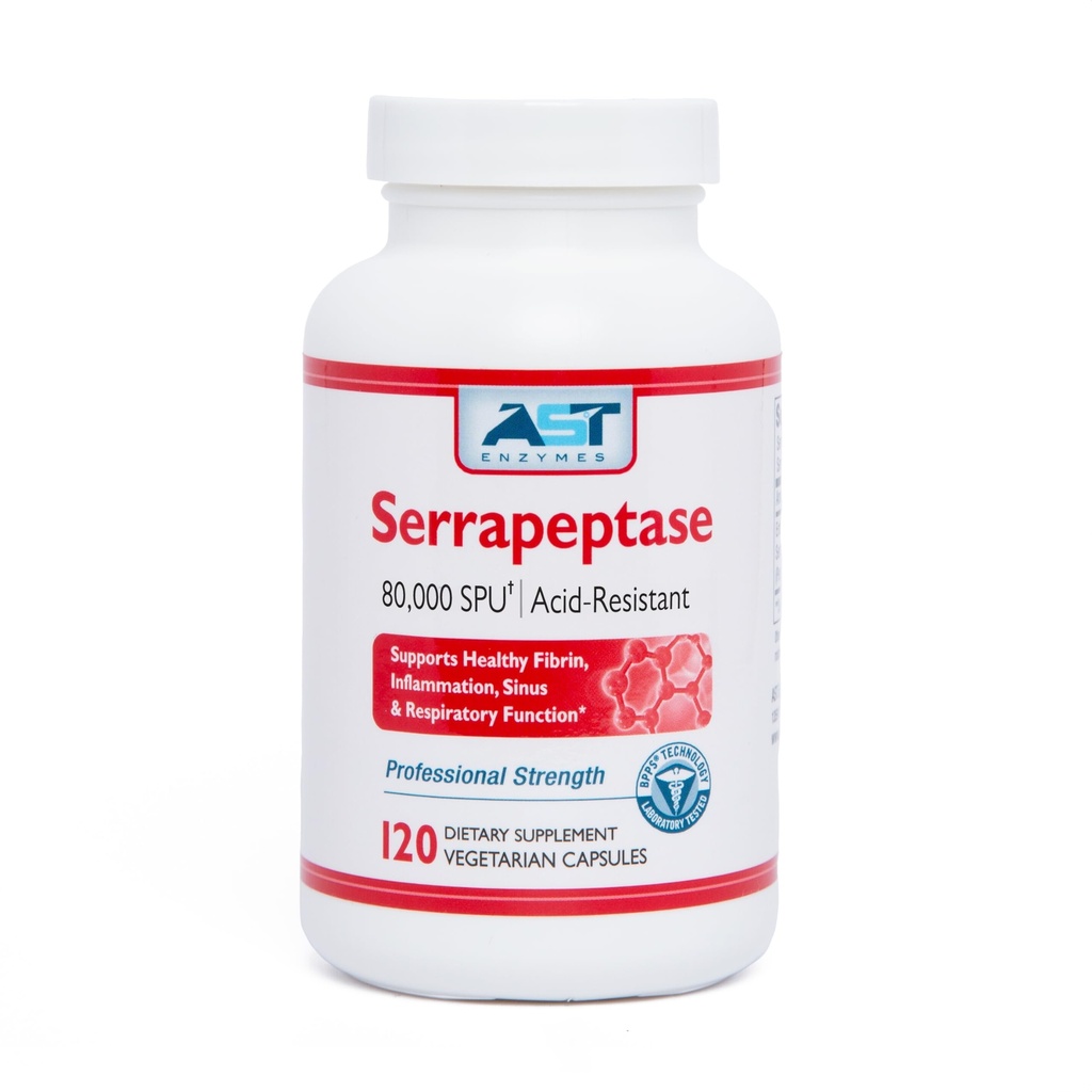 AST Enzymes Serrapeptase 80,000 SPU – 120 Vegetarian Capsules - Premium Natural Systemic Enzymes – Acid-Resistant Serrapeptase