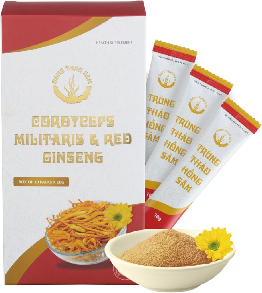 Dong Thao NAM - Organic Red Ginseng and Cordyceps Powder, 6 in 1 Herbal Extract, Increases Alertness, Increases Energy and Reduces Fatigue, Caffeine Free, Pack of 10