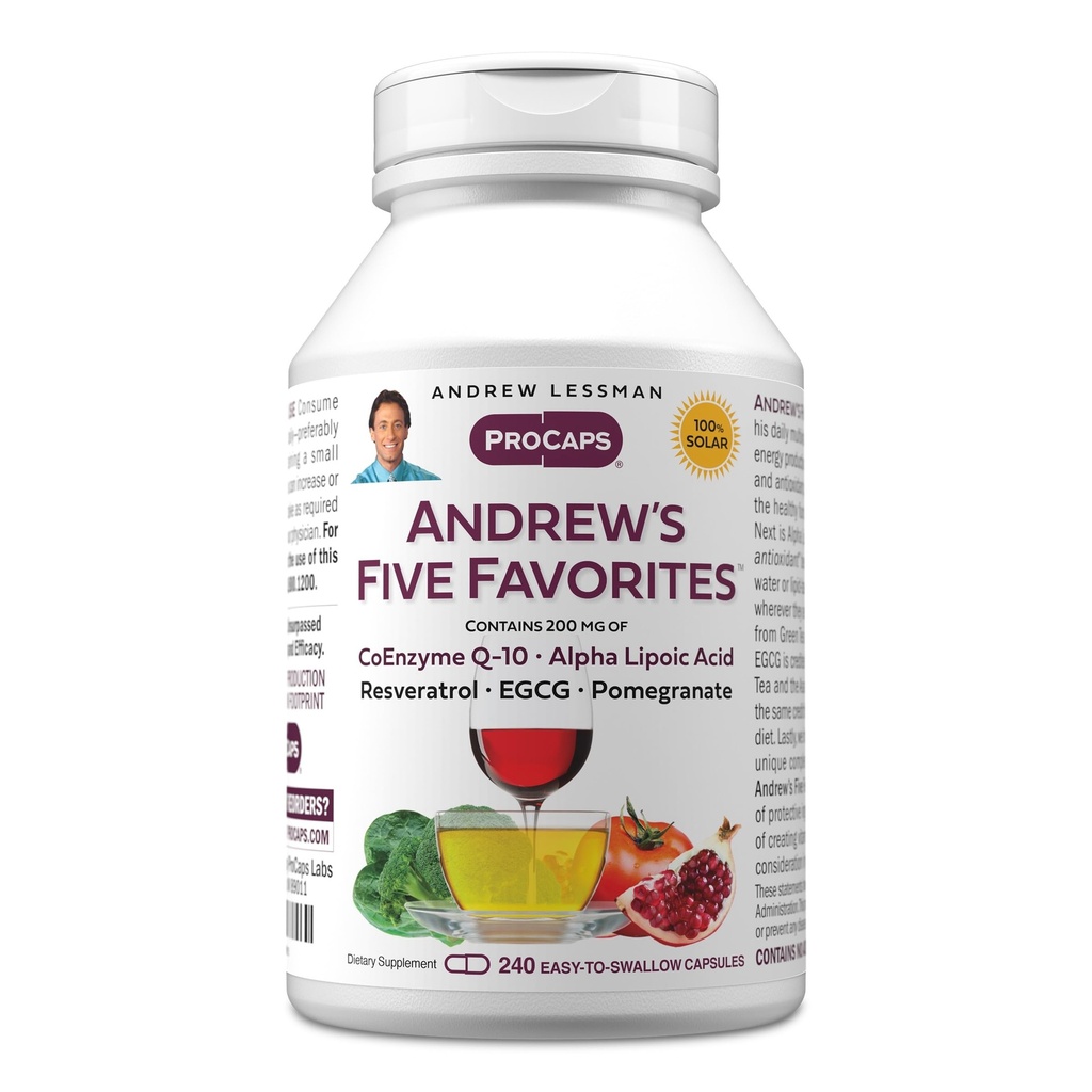 ANDREW LESSMAN Andrews fem favoritter 240 kapsler - Giver 200mg hver af Coenzym Q-10, Resveratrol, EGCG, Pomegranat og Alpha Lipoic Acid, Kraftig Antioxidant Support, Ingen tilsætningsstoffer